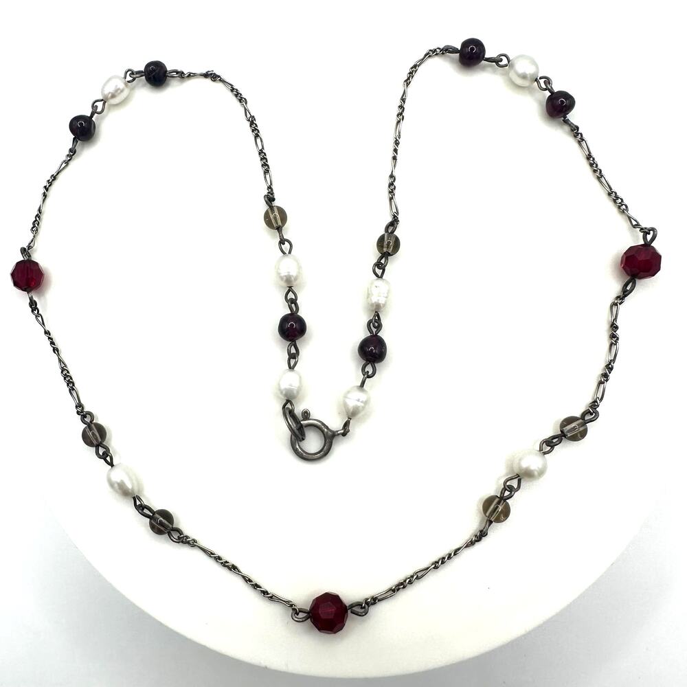 Vintage 925 sterling silver real pearls garnets quartz beaded chain 19" necklace